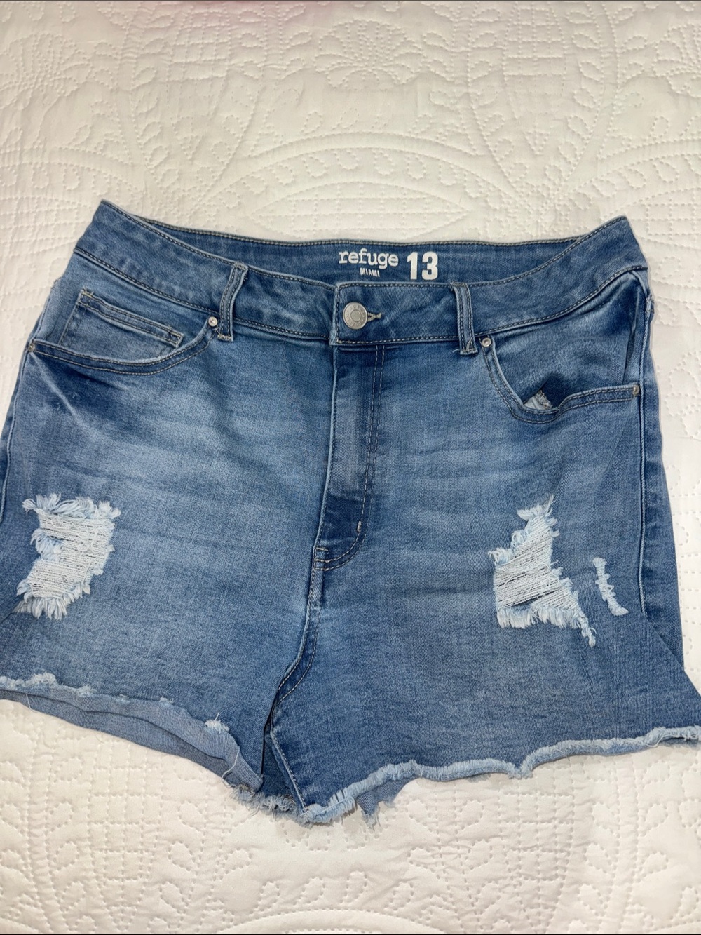 refuge Distressed Mid-Blue High-Rise Jean Shorts